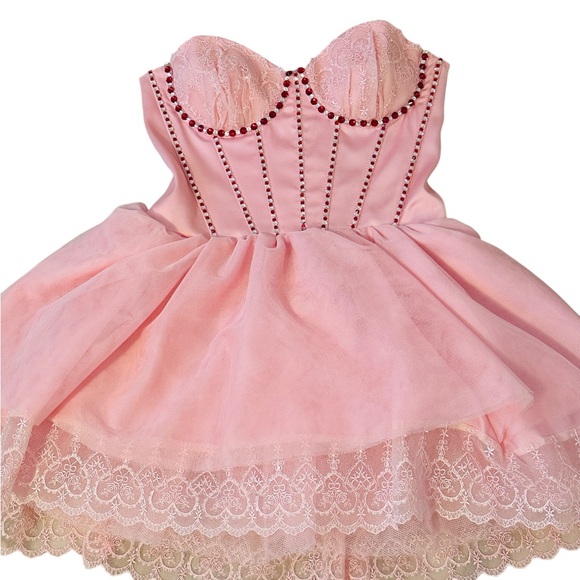Sugar Thrillz Dresses & Skirts - Sugar Thrillz Pink Strapless corset Dress with heart Lace Chrystal embellished